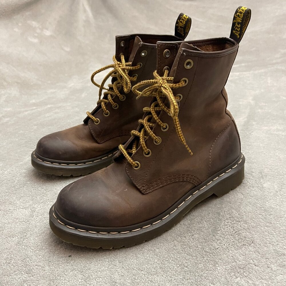 Dr. Martens Brown Leather Combat Boots with Yellow Accents